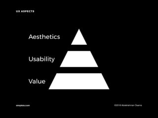 simpleia.com ©2018 Abdelrahman Osama
UX ASPECTS
Value
Usability
Aesthetics
 