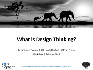 innovation | digital transformation | value creation | (r)evolution
What is Design Thinking?
Workshop | February 2018
David Terrar | Founder & CXO – Agile Elephant | @DT on Twitter
 