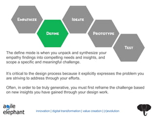 innovation | digital transformation | value creation | (r)evolution
The define mode is when you unpack and synthesize your
empathy findings into compelling needs and insights, and
scope a specific and meaningful challenge.
It’s critical to the design process because it explicitly expresses the problem you
are striving to address through your efforts.
Often, in order to be truly generative, you must first reframe the challenge based
on new insights you have gained through your design work.
 