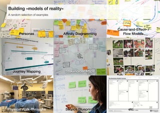 Personas Afﬁnity Diagramming
Cause-and-Effect- /
Flow Models
Journey Mapping Stakeholder Maps Storyboards
Physical Walk-Throughs Service Blueprints etc. ...
22
A random selection of examples
Building »models of reality«
 