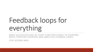 Feedback loops for
everything
MAKE SUCCESS/FAILURE OF EVERY FUNCTION VISIBLE TO EVERYONE.
RAPID ITERATION SHORTENS AND AMPLIFIES FEEDBACK LOOPS.
(THE SECOND WAY)
 