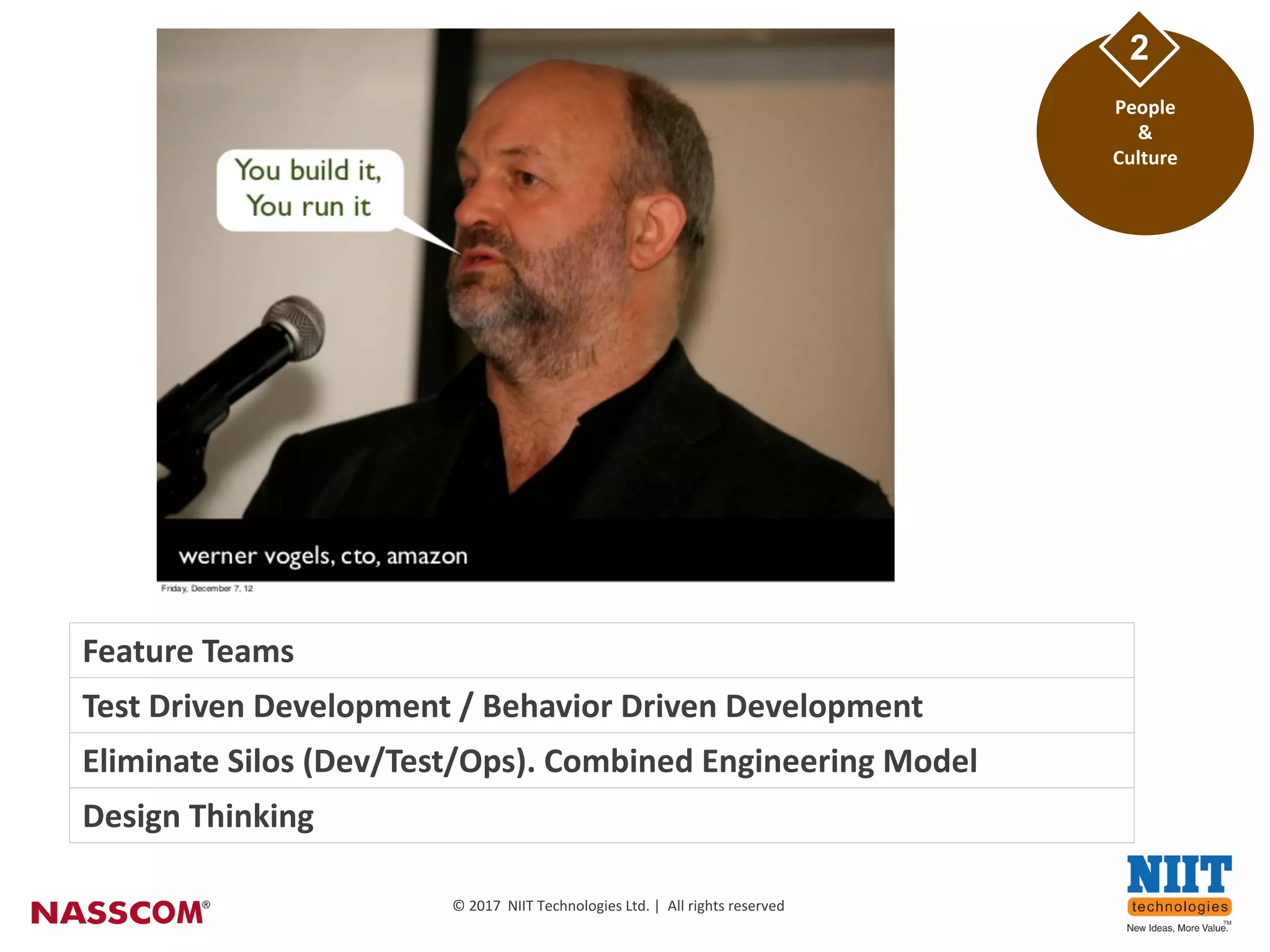 10
©	2017		NIIT	Technologies	Ltd	|		All	rights	reserved
©	2017		NIIT	Technologies	Ltd.	|		All	rights	reserved
People	
&
Culture
2
Feature	Teams	
Test Driven	Development	/	Behavior	Driven	Development	
Eliminate	Silos	(Dev/Test/Ops).	Combined	Engineering	Model	
Design	Thinking	
 