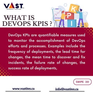info@vastites.ca
DevOps KPIs are quantifiable measures used
to monitor the accomplishment of DevOps
efforts and processes. Examples include the
frequency of deployments, the lead time for
changes, the mean time to discover and fix
incidents, the failure rate of changes, the
success rate of deployments,
WHAT IS
DEVOPS KPIS ?
www.vastites.ca
 