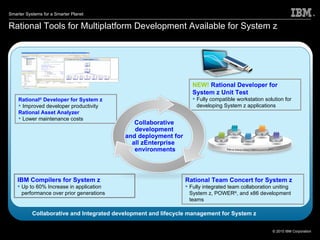 Rational Tools for Multiplatform Development Available for System z Under NDA until Announce Collaborative and Integrated development and lifecycle management for System z Rational Team Concert for System z Fully integrated team collaboration uniting System z, POWER ® , and x86 development teams Rational ®  Developer for System z Improved developer productivity Rational Asset Analyzer Lower maintenance costs NEW!   Rational Developer for System z Unit Test Fully compatible workstation solution for developing System z applications Collaborative  development  and deployment for  all zEnterprise  environments IBM Compilers for System z Up to 60% Increase in application performance over prior generations 