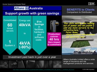 Australia Investment paid back in just over a year Production cutover 48 hrs Zero impact to customers Press release:  http://www.computerworld.com.au/article/324815/allianz_consolidates_from_60_servers_1_mainframe_48_hours Support growth with green savings BENEFITS to Clients Comparison to Distributed   Allianz Australia Limited offers a wide range of insurance and risk management products and services.   "Our data centre was running out of power and we couldn't add any more servers to the infrastructure,"  Peter Rowe,  Allianz Australia infrastructure and operations head   Consolidated 60 Wintel servers 1 System z Energy use 40kVA to 4kVA (-90%) $1m Savings  in facilities, hardware and software costs   