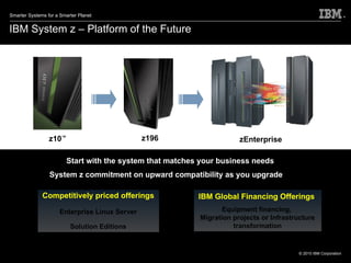 IBM System z – Platform of the Future Competitively priced offerings Enterprise Linux Server Solution Editions Start with the system that matches your business needs System z commitment on upward compatibility as you upgrade IBM Global Financing Offerings   Equipment financing,  Migration projects or Infrastructure transformation z10 ™   zEnterprise z196 