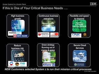 If this is One of Your Critical Business Needs ….  You’ll want to look into a System z today NEW Customers selected System z to run their mission critical processes High business growth Continuous business operations Flexibility and speed to respond Reduce business risk Green strategy Running out of energy & space Secure Cloud Services System z HIGH SCALABILITY System z EXTREME VIRTUALIZATION System z SECURITY System z GREEN SAVINGS System z CLOUD System z HIGH AVAILABILITY RELIABILITY 
