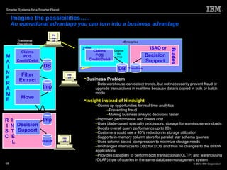 Imagine the possibilities….. An operational advantage you can turn into a business advantage Business Problem Data warehouse can detect trends, but not necessarily prevent fraud or upgrade transactions in real time because data is copied in bulk or batch mode Insight instead of Hindsight Opens up opportunities for real time analytics Preventing fraud Making business analytic decisions faster Improved performance and lowers cost Uses blade-based specialty processors, storage for warehouse workloads Boosts overall query performance up to 80x  Customers could see a 40% reduction in storage utilization Supports in-memory column store for parallel star schema queries  Uses column-based  compression to minimize storage needs Unchanged interfaces to DB2 for z/OS and thus no changes to the BI/DW applications Provides capability to perform both transactional (OLTP) and warehousing (OLAP) type of queries in the same database management system Blades R  I I  N S  T C  E L M A I N F R A M E Claims POS Credit/Debit Decision Support Filter Extract Move PII input DB tmp tmp result result result Traditional Operations zEnterprise ISAO or   Decision Support Transform Z196 Claims POS Credit/Debit DB Cognos On Linux 
