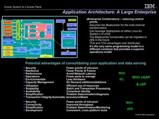 Application Architecture: A Large Enterprise zEnterprise Combinations – reducing control points Assumes the Bladecenter for the multi channel transformation Can leverage Websphere on either Linux for System z or z/OS The Bladecenter functionality can be migrated to zBX in the future TCA and TCO advantages over distributed It’s the very same programming model in a different container that provides a superior operations model End User –  Hosted Client Application Server Service Platform Desktop Framework Devices Websphere Service Platform Database Connectors SQLJ Service Message Servlet Loan Applic. Bank Teller General Ledger Credit Card Processing Risk Analysis Service Service Connectors Current Accounts Banking Portal Device Apps. XML  over HTTP(S) Middleware  Services Batch Programs Bill Payment Database SQLJ Desktop Framework  Services Personalization Service Systems & Databases MQ Currency Exchange Temp data to Electronic Data Warehouse Batch Process RMI/IIOP EJB WAS Bill Payment EJBs Authentication Server System  zEnterprise Potential advantages of consolidating your application and data serving Security Fewer points of intrusion Resilience Fewer Points of Failure Performance Avoid Network Latency Operations Fewer parts to manage  Environmentals Less Hardware  Capacity Management On Demand additions/deletions With IFL With zAAP & zIIP Utilization Efficient use of resources Scalability Batch and Transaction Processing Auditability Consistent identity  Simplification Problem Determination/diagnosis Transaction Integrity Automatic recovery/rollback  Security Fewer points of intrusion Connectivity Improved throughput Simplification Problem Determination/Monitoring Development Consistent, cross platform tools With zBX 