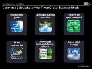 Customers Selected z to Meet These Critical Business Needs High business growth Continuous business operations Flexibility and speed to respond Reduce business risk Green strategy Running out of energy and space Secure Cloud Services System z HIGH SCALABILITY EXTREME VIRTUALIZATION REAL TIME ANALYTICS System z SECURITY System z EFFICIENCY System z CLOUD System z HIGH AVAILABILITY RELIABILITY 