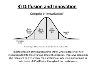 3) Diffusion and Innovation




     Rogers Diffusion of Innovation curve shows where adopters of new
innovations fit into these various different categories. This curve diagram is
 also then used to give a visual representation of where an innovation is up
          to in terms of it’s diffusion throughout the marketplace.
 