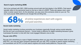 12
Search engine marketing (SEM)
Not to be confused with SEO, SEM revolves around paid ads that display in the SERPs. Paid search
typically refers to the sponsored result on the top or side of a SERP. These ads appear when users
enter a certain search term. As the advertiser, you pay every time someone clicks on your ad. The
two most popular SEM platforms are Google Ads and Bing Ads.
Social media marketing
Social media marketing involves promoting your business organically through various social networks.
But this isn’t just a promotional channel — social media is effective for digital marketing because it gives
businesses the power to chat with their most engaged followers one-on-one.
Pay per click (PPC)
Pay-per-click advertising is a type of digital marketing where you pay every time someone clicks on your ad.
With PPC, you only pay when someone interacts with your ads. PPC is similar to search engine marketing,
but businesses can do PPC on both search engines and social media platforms. Pay-per-click
 