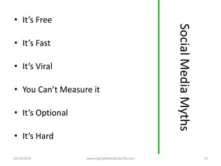 Social Media Myths 
• It’s Free 
• It’s Fast 
• It’s Viral 
• You Can’t Measure it 
• It’s Optional 
• It’s Hard 
10/24/2014 www.DigitalMediaButterfly.com 10 
 