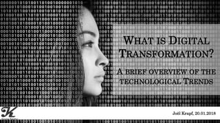 Seite 120.01.2018 | What is digital Transformation – An introduction to reflect upon| Joël Krapf
WHAT IS DIGITAL
TRANSFORMATION?
A BRIEF OVERVIEW OF THE
TECHNOLOGICAL TRENDS
Joël Krapf, 20.01.2018
 