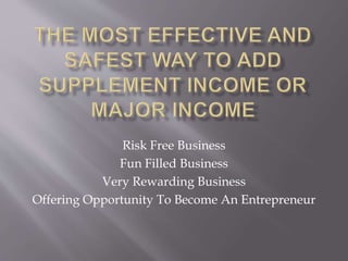 Risk Free Business
Fun Filled Business
Very Rewarding Business
Offering Opportunity To Become An Entrepreneur
 