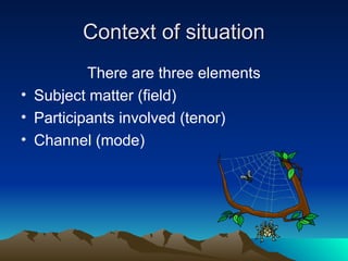 Context of situation
Context of situation
There are three elements
• Subject matter (field)
• Participants involved (tenor)
• Channel (mode)
 