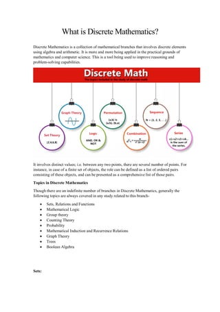 What is Discrete Mathematics?
Discrete Mathematics is a collection of mathematical branches that involves discrete elements
using algebra and arithmetic. It is more and more being applied in the practical grounds of
mathematics and computer science. This is a tool being used to improve reasoning and
problem-solving capabilities.
It involves distinct values; i.e. between any two points, there are several number of points. For
instance, in case of a finite set of objects, the role can be defined as a list of ordered pairs
consisting of these objects, and can be presented as a comprehensive list of those pairs.
Topics in Discrete Mathematics
Though there are an indefinite number of branches in Discrete Mathematics, generally the
following topics are always covered in any study related to this branch-
 Sets, Relations and Functions
 Mathematical Logic
 Group theory
 Counting Theory
 Probability
 Mathematical Induction and Recurrence Relations
 Graph Theory
 Trees
 Boolean Algebra
Sets:
 