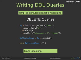 Nashville LAMP

                    Writing DQL Queries
                     lamp_doctrine/tools/sandbox/index.php

      ...