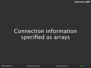 Nashville LAMP




                    Connection information
                      speciﬁed as arrays




What is Doctrin...