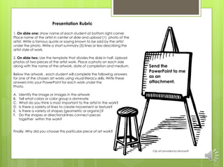 Send the 
PowerPoint to me 
as an 
attachment. 
Presentation Rubric 
1. On slide one: show name of each student at bottom right corner. 
Place name of the artist in center of slide and upload (1) photo of the 
artist. Write a famous quote or saying known to be said by the artist 
under the photo. Write a short summary (5) lines or less describing the 
artist style of work. 
2. On slide two: Use the template that divides the slide in half. Upload 
photos of two pieces of the artist work. Place a photo on each side 
along with the name of the artwork, date of completion and medium. 
Below the artwork , each student will complete the following answers 
for one of the chosen art works using visual literacy skills. Write these 
answers into your PowerPoint for each work under the 
Photo. 
A. Identify the image or images in the artwork 
B. Tell what colors or color group is dominate 
C. What do you think is most important to the artist in the work? 
D. Is there a variety of lines to create movement or texture? 
E. Is there a variety of shapes (geometric or organic)? 
F. Do the shapes or directional lines connect pieces 
together within the work? 
Finally, Why did you choose this particular piece of art work? 
Clip art provided by Microsoft 
 