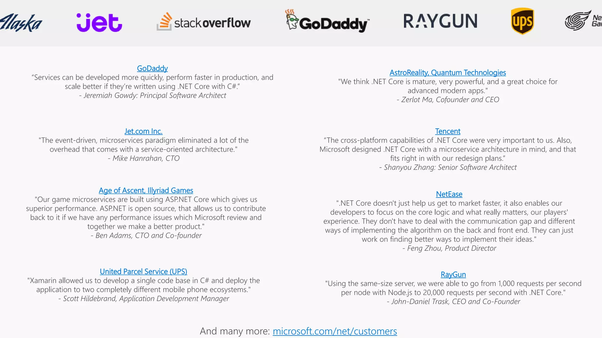 RayGun
"Using the same-size server, we were able to go from 1,000 requests per second
per node with Node.js to 20,000 requests per second with .NET Core."
- John-Daniel Trask, CEO and Co-Founder
AstroReality, Quantum Technologies
"We think .NET Core is mature, very powerful, and a great choice for
advanced modern apps."
- Zerlot Ma, Cofounder and CEO
Jet.com Inc.
"The event-driven, microservices paradigm eliminated a lot of the
overhead that comes with a service-oriented architecture."
- Mike Hanrahan, CTO
Tencent
“The cross-platform capabilities of .NET Core were very important to us. Also,
Microsoft designed .NET Core with a microservice architecture in mind, and that
fits right in with our redesign plans.”
- Shanyou Zhang: Senior Software Architect
Age of Ascent, Illyriad Games
"Our game microservices are built using ASP.NET Core which gives us
superior performance. ASP.NET is open source, that allows us to contribute
back to it if we have any performance issues which Microsoft review and
together we make a better product."
- Ben Adams, CTO and Co-founder
NetEase
".NET Core doesn't just help us get to market faster, it also enables our
developers to focus on the core logic and what really matters, our players'
experience. They don't have to deal with the communication gap and different
ways of implementing the algorithm on the back and front end. They can just
work on finding better ways to implement their ideas."
- Feng Zhou, Product Director
United Parcel Service (UPS)
"Xamarin allowed us to develop a single code base in C# and deploy the
application to two completely different mobile phone ecosystems."
- Scott Hildebrand, Application Development Manager
GoDaddy
“Services can be developed more quickly, perform faster in production, and
scale better if they’re written using .NET Core with C#.”
- Jeremiah Gowdy: Principal Software Architect
microsoft.com/net/customers
 