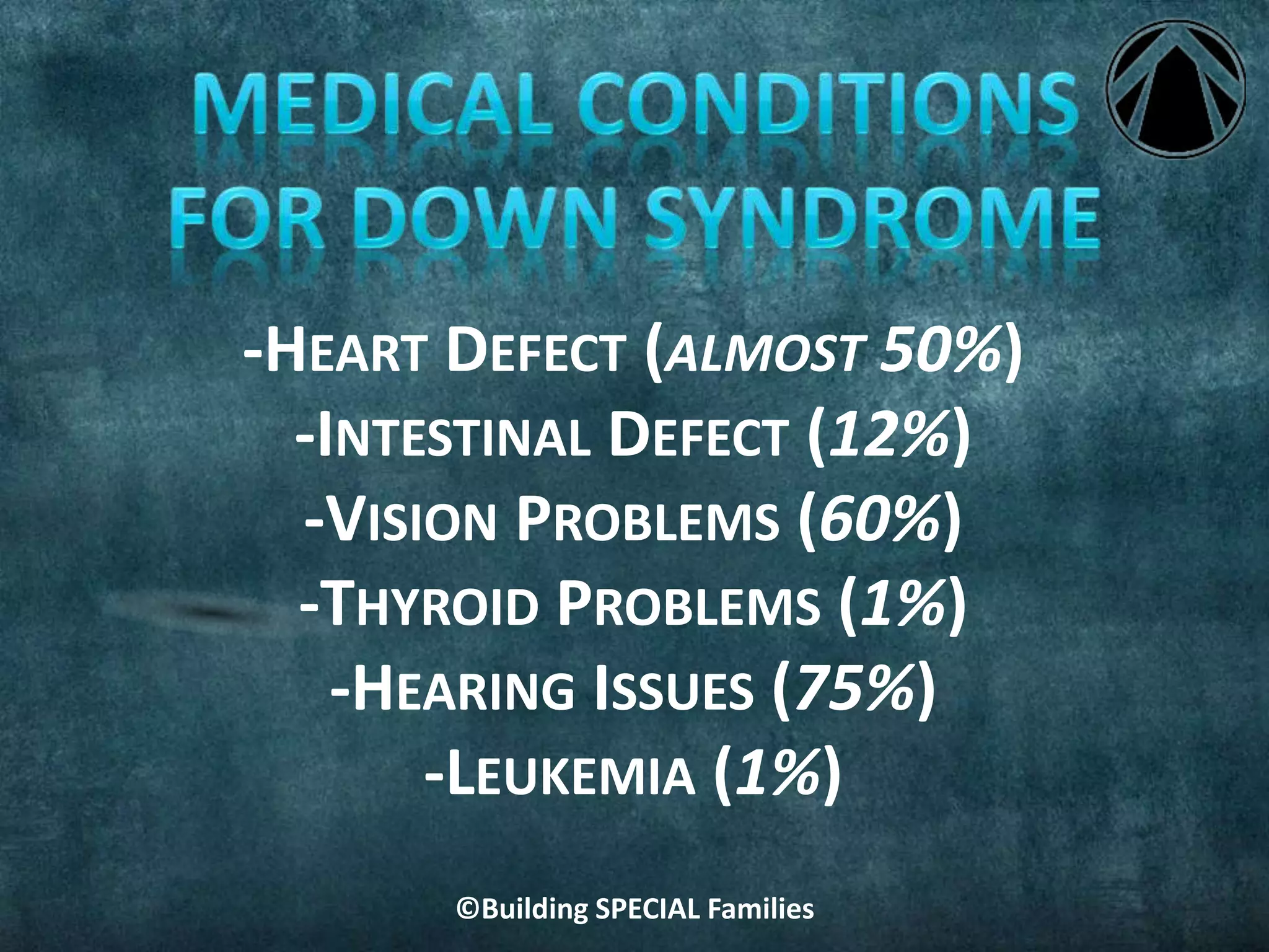 ©Building SPECIAL Families
-HEART DEFECT (ALMOST 50%)
-INTESTINAL DEFECT (12%)
-VISION PROBLEMS (60%)
-THYROID PROBLEMS (1%)
-HEARING ISSUES (75%)
-LEUKEMIA (1%)
 