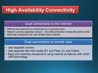 High Availability Connectivity
Dual connections to the Internet
• Difficult and expensive to implement at a corporate level
• Need to use two separate carriers – very little protection if using the same carrier
• Multi-site companies can use another site’s Internet
Dual connections to remote sites
• Use separate carriers
• Use separate last mile media (E1 and Fiber, E1 and Cable)
• Easy and relatively inexpensive using Internet as failover with mesh
VPN technology
 