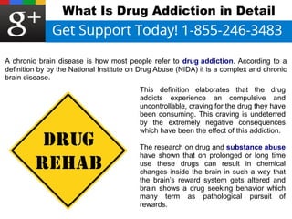 What Is Drug Addiction in Detail 
A chronic brain disease is how most people refer to drug addiction. According to a 
definition by by the National Institute on Drug Abuse (NIDA) it is a complex and chronic 
brain disease. 
This definition elaborates that the drug 
addicts experience an compulsive and 
uncontrollable, craving for the drug they have 
been consuming. This craving is undeterred 
by the extremely negative consequences 
which have been the effect of this addiction. 
The research on drug and substance abuse 
have shown that on prolonged or long time 
use these drugs can result in chemical 
changes inside the brain in such a way that 
the brain’s reward system gets altered and 
brain shows a drug seeking behavior which 
many term as pathological pursuit of 
rewards. 
 