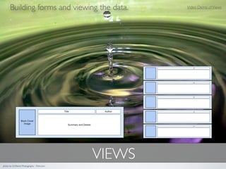 Building forms and viewing the data.          Video Demo of Views




                                             VIEWS
photo by Girlﬁerce Photography - ﬂickr.com
 