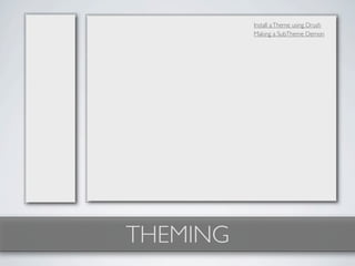 Install a Theme using Drush
          Making a SubTheme Demon




THEMING
 