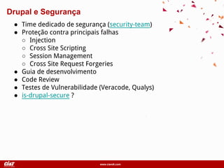 www.ciandt.com
Drupal e Segurança
● Time dedicado de segurança (security-team)
● Proteção contra principais falhas
○ Injection
○ Cross Site Scripting
○ Session Management
○ Cross Site Request Forgeries
● Guia de desenvolvimento
● Code Review
● Testes de Vulnerabilidade (Veracode, Qualys)
● is-drupal-secure ?
 