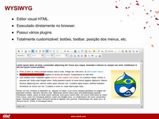 www.ciandt.com
WYSIWYG
● Editor visual HTML.
● Executado diretamente no browser.
● Possui vários plugins
● Totalmente customizável: botões, toolbar, posição dos menus, etc.
 