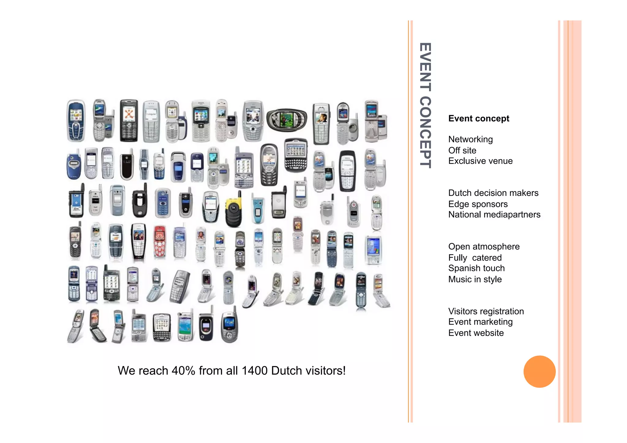 EVENT CONCEPT
                                                             Event concept

                                                             Networking
                                                             Off site
                                                             Exclusive venue


                                                             Dutch decision makers
                                                             Edge sponsors
                                                             National mediapartners


                                                             Open atmosphere
                                                             Fully catered
                                                             Spanish touch
                                                             Music in style


                                                             Visitors registration
                                                             Event marketing
                                                             Event website



We reach 40% from all 1400 Dutch visitors!
 