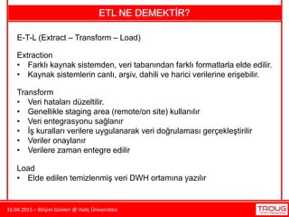 16.04.2015 – Bilişim Günleri @ Haliç Üniversitesi
ETL NE DEMEKTİR?
E-T-L (Extract – Transform – Load)
Extraction
• Farklı kaynak sistemden, veri tabanından farklı formatlarla elde edilir.
• Kaynak sistemlerin canlı, arşiv, dahili ve harici verilerine erişebilir.
Transform
• Veri hataları düzeltilir.
• Genellikle staging area (remote/on site) kullanılır
• Veri entegrasyonu sağlanır
• İş kuralları verilere uygulanarak veri doğrulaması gerçekleştirilir
• Veriler onaylanır
• Verilere zaman entegre edilir
Load
• Elde edilen temizlenmiş veri DWH ortamına yazılır
 
