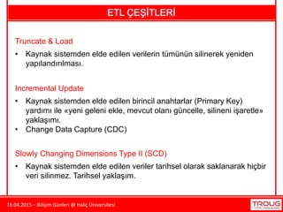 16.04.2015 – Bilişim Günleri @ Haliç Üniversitesi
ETL ÇEŞİTLERİ
Incremental Update
• Kaynak sistemden elde edilen birincil anahtarlar (Primary Key)
yardımı ile «yeni geleni ekle, mevcut olanı güncelle, silineni işaretle»
yaklaşımı.
• Change Data Capture (CDC)
Slowly Changing Dimensions Type II (SCD)
Truncate & Load
• Kaynak sistemden elde edilen verilerin tümünün silinerek yeniden
yapılandırılması.
• Kaynak sistemden elde edilen veriler tarihsel olarak saklanarak hiçbir
veri silinmez. Tarihsel yaklaşım.
 