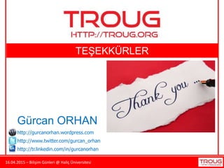 16.04.2015 – Bilişim Günleri @ Haliç Üniversitesi
TEŞEKKÜRLER
Gürcan ORHAN
http://gurcanorhan.wordpress.com
http://www.twitter.com/gurcan_orhan
http://tr.linkedin.com/in/gurcanorhan
 