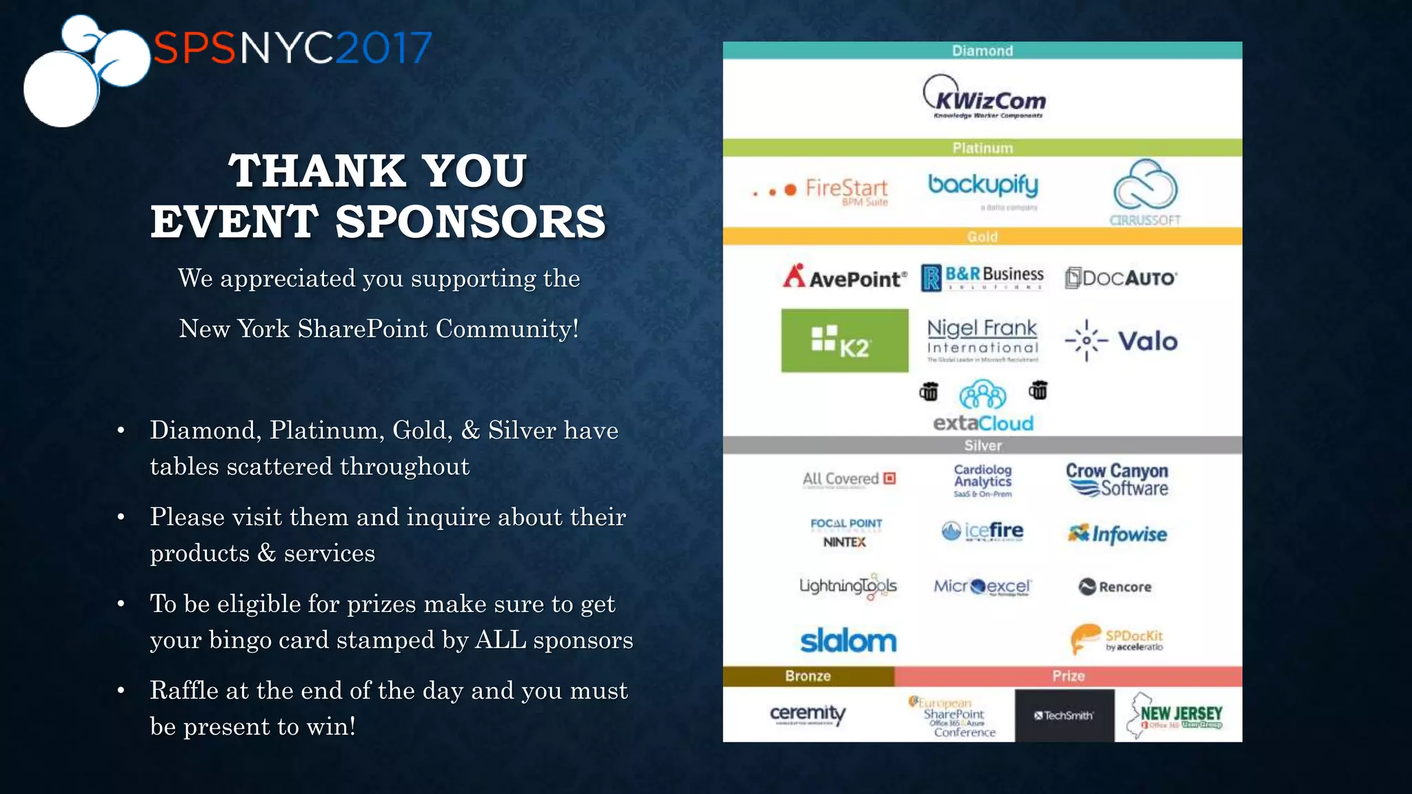 THANK YOU
EVENT SPONSORS
We appreciated you supporting the
New York SharePoint Community!
• Diamond, Platinum, Gold, & Silver have
tables scattered throughout
• Please visit them and inquire about their
products & services
• To be eligible for prizes make sure to get
your bingo card stamped by ALL sponsors
• Raffle at the end of the day and you must
be present to win!
 