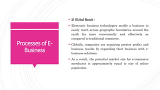 ProcessesofE-
Business
 2) Global Reach :
 Electronic business technologies enable a business to
easily reach across geographic boundaries around the
earth far more conveniently and effectively as
compared to traditional commerce.
 Globally, companies are acquiring greater profits and
business results by expanding their business with e-
business solutions.
 As a result, the potential market size for e-commerce
merchants is approximately equal to size of online
population.
 