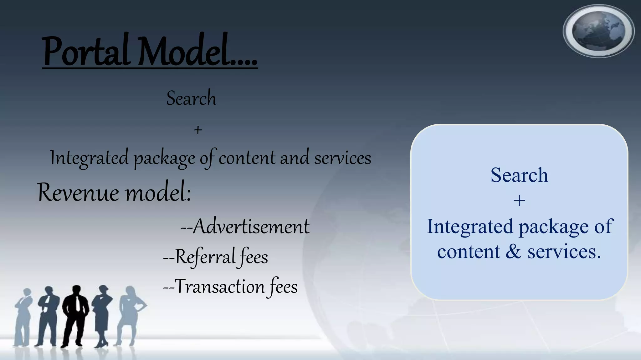 Portal Model….
Search
+
Integrated package of content and services
Revenue model:
--Advertisement
--Referral fees
--Transaction fees
Search
+
Integrated package of
content & services.
 