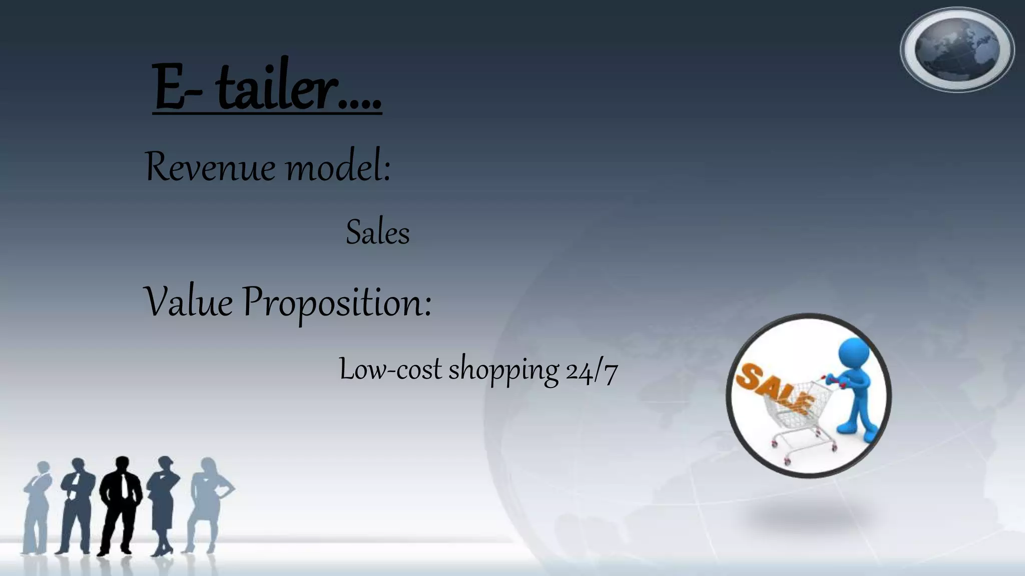 E- tailer….
Revenue model:
Sales
Value Proposition:
Low-cost shopping 24/7
 