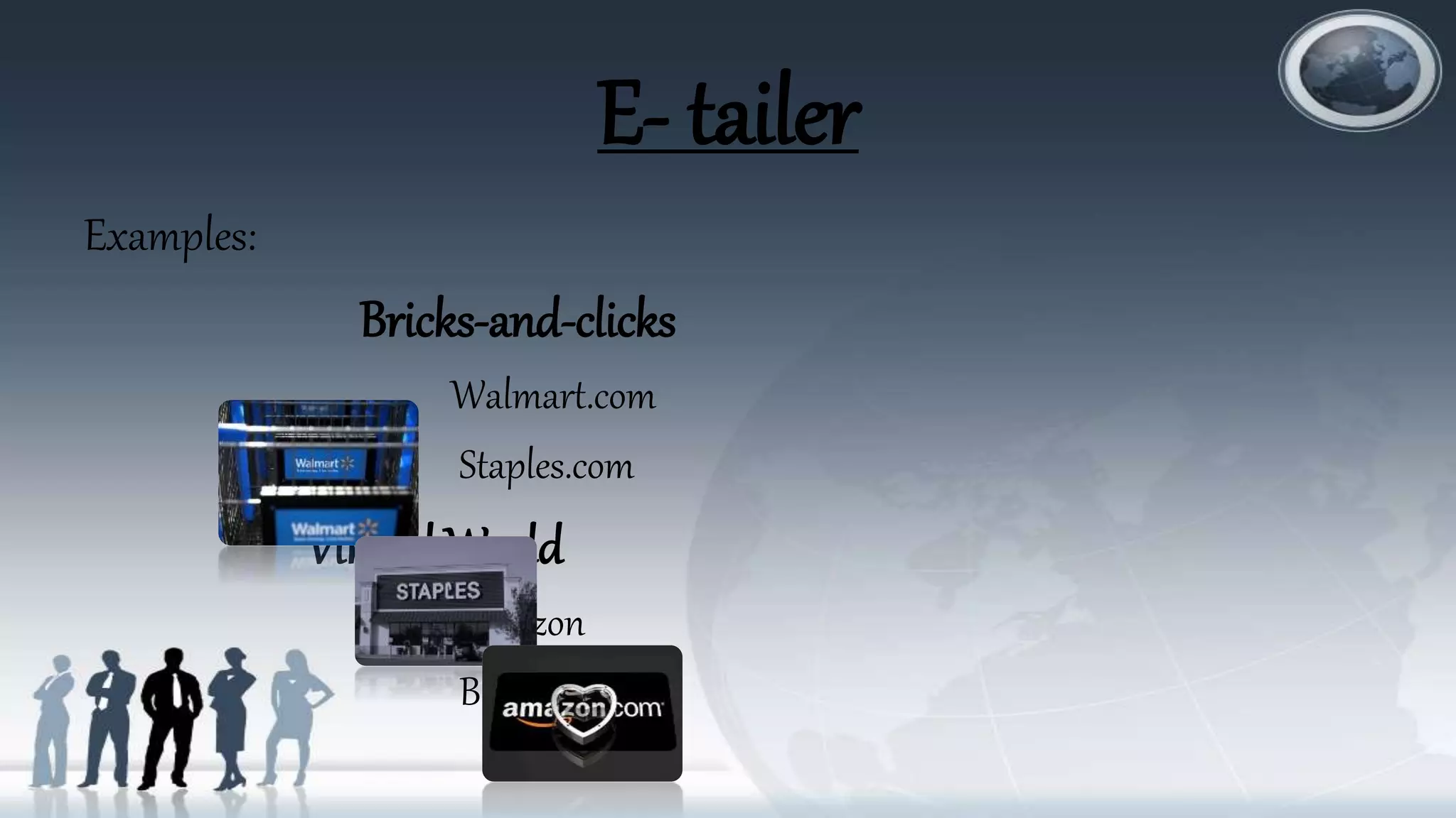 E- tailer
Examples:
Bricks-and-clicks
Walmart.com
Staples.com
Virtual World
Amazon
BlueNile.com
 