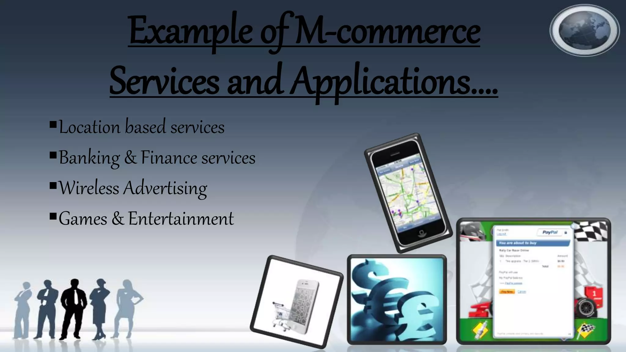 Example of M-commerce
Services and Applications….
Location based services
Banking & Finance services
Wireless Advertising
Games & Entertainment
 