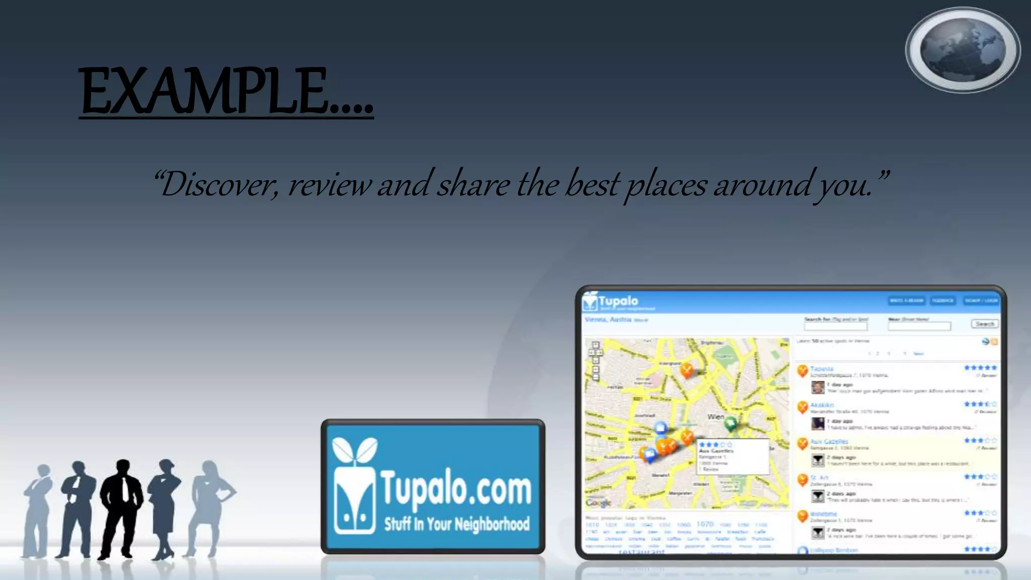 EXAMPLE….
“Discover, review and share the best places around you.”
 