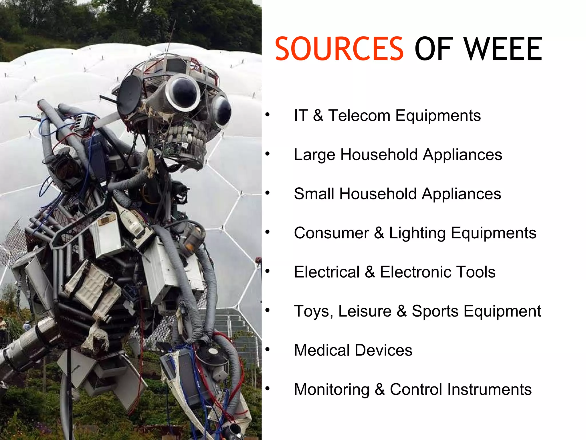 IT & Telecom Equipments Large Household Appliances Small Household Appliances Consumer & Lighting Equipments  Electrical & Electronic Tools Toys, Leisure & Sports Equipment Medical Devices Monitoring & Control Instruments SOURCES  OF WEEE 