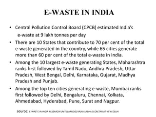 E-WASTE IN INDIA
• Central Pollution Control Board (CPCB) estimated India’s
e-waste at 9 lakh tonnes per day
• There are 10 States that contribute to 70 per cent of the total
e-waste generated in the country, while 65 cities generate
more than 60 per cent of the total e-waste in India.
• Among the 10 largest e-waste generating States, Maharashtra
ranks first followed by Tamil Nadu, Andhra Pradesh, Uttar
Pradesh, West Bengal, Delhi, Karnataka, Gujarat, Madhya
Pradesh and Punjab.
• Among the top ten cities generating e-waste, Mumbai ranks
first followed by Delhi, Bengaluru, Chennai, Kolkata,
Ahmedabad, Hyderabad, Pune, Surat and Nagpur.
source: E-WASTE IN INDIA RESEARCH UNIT (LARRDIS) RAJYA SABHA SECRETARIAT NEW DELHI
 
