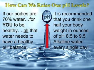 If our bodies are   It is recommended
70% water…for       that you drink one
YOU to be           half your body
healthy….all that   weight in ounces,
water needs to      of pH 8.5 to 9.5
have a healthy      Alkaline water
pH balance!         every single day!
 