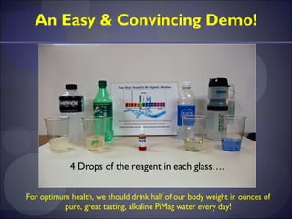 An Easy & Convincing Demo!




            4 Drops of the reagent in each glass….


For optimum health, we should drink half of our body weight in ounces of
          pure, great tasting, alkaline PiMag water every day!
 
