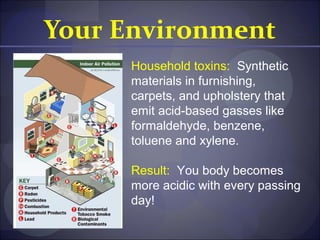 Your Environment
      Household toxins: Synthetic
      materials in furnishing,
      carpets, and upholstery that
      emit acid-based gasses like
      formaldehyde, benzene,
      toluene and xylene.

      Result: You body becomes
      more acidic with every passing
      day!
 