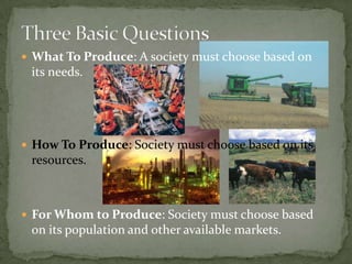 Land: Limited natural resources not created by humans (climate, fresh water, vegetation, minerals, animals)Capital: Means by which something is produced (money, tools, equipment, machinery, and factories).Factors of Production