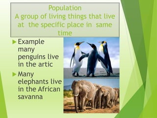 Population
A group of living things that live
at the specific place in same
time
 Example
many
penguins live
in the artic
 Many
elephants live
in the African
savanna
 